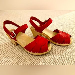 Swedish Hasbeens Red Clog Sandals, Size 37